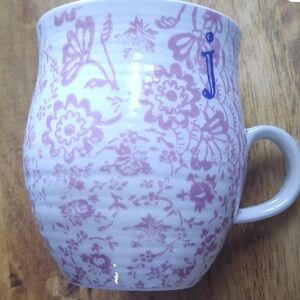 Anthropologie White Ceramic Mug with Pink Floral Pattern, Initial J